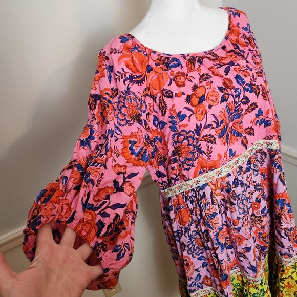 Anthropologie Mabel Mini Dress Sz Small Womens Tiered Floral Boho Peasant Pink - Picture 3 of 11